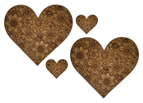 Coaster & Underplate Set of 2 each - Heart Shaped with Engraved Floral Theme