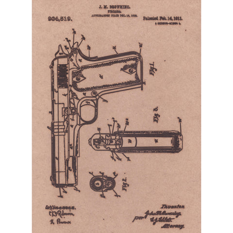 Vintage Patent Sketch Style Browning Pistol - Unframed