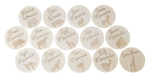 Baby Milestone Discs - Afrikaans with engraved African Animals (Set of 14)