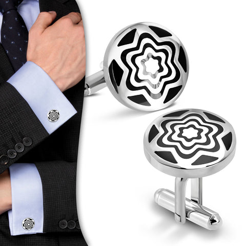Stainless Steel 2-tone Concentric Star Flower Circle Cufflinks (Pair)