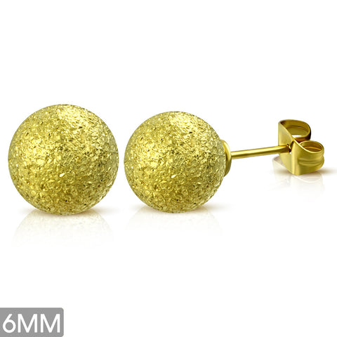 Gold Color Plated Stainless Steel Sandblasted Ball Circle Stud Earrings (pair)