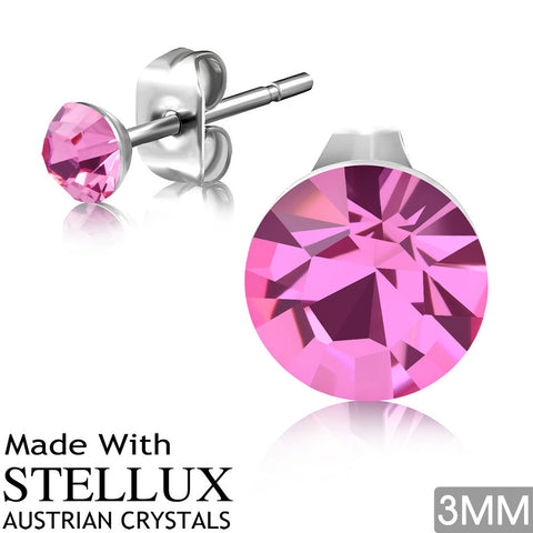 3mm Stainless Steel Round Circle Stud Earrings w/ Bezel-Set Light Rose Pink Stellux Crystals