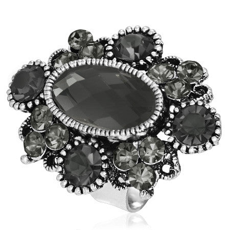 Bezel-Set Checkerboard-Cut Oval Flower Cocktail Ring with Grey Cubic Zirconia