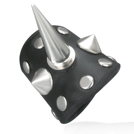 Black Leather Round Long Spike Pyramid Stud Snap Ring