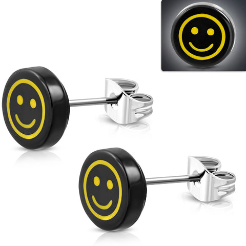 Stainless Steel with Black Acrylic Emoticon Stud Earrings (pair)