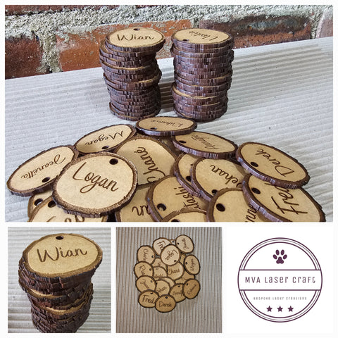 Rustic Personalised Table Name markers (Wood Slice Look) - Add your own twine, bow or ribbon.