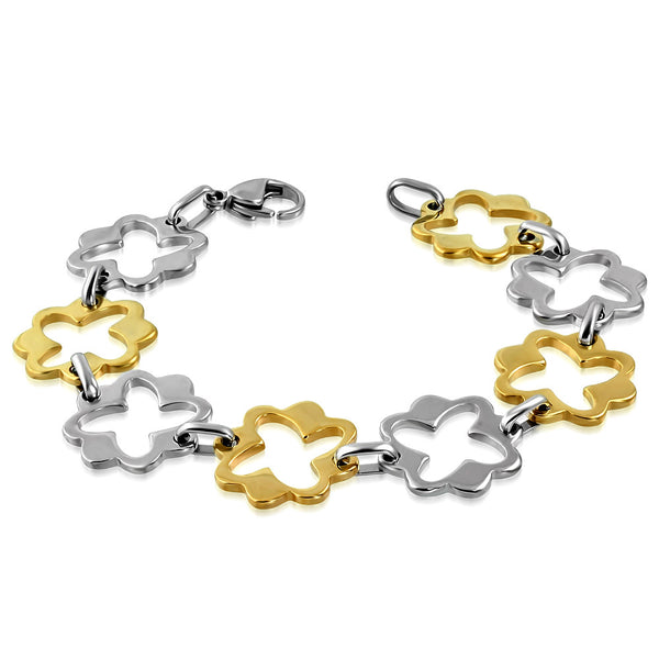 Stainless Steel 2-tone Cut-out Flower Star Link Chain Bracelet